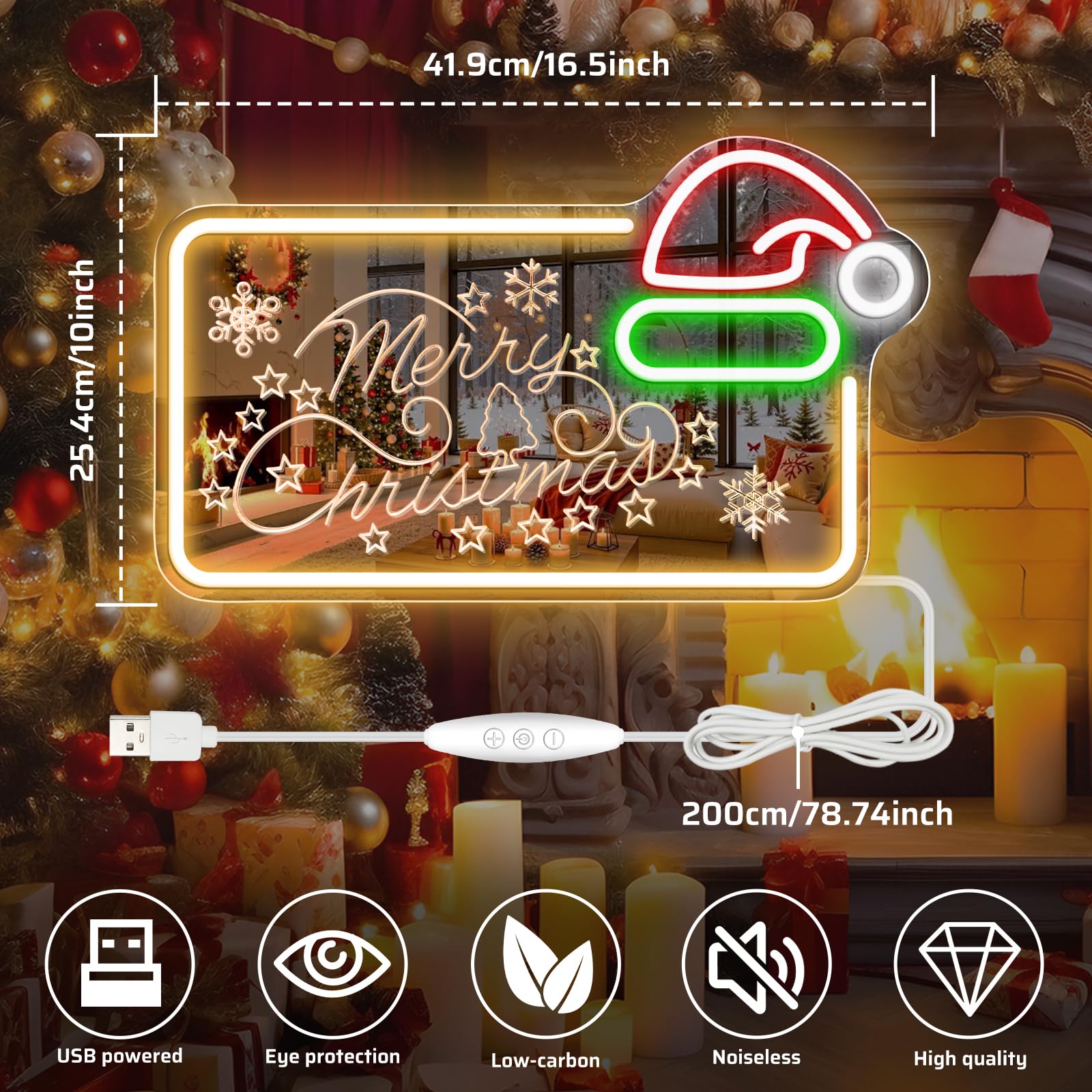 Letrero LED de neón con espejo de 16.5 x 10 pulgadas, decoración de pared con luz LED regulable con sombrero de Papá Noel, decoración de pared alimentada por USB para el hogar, habitación de los niños