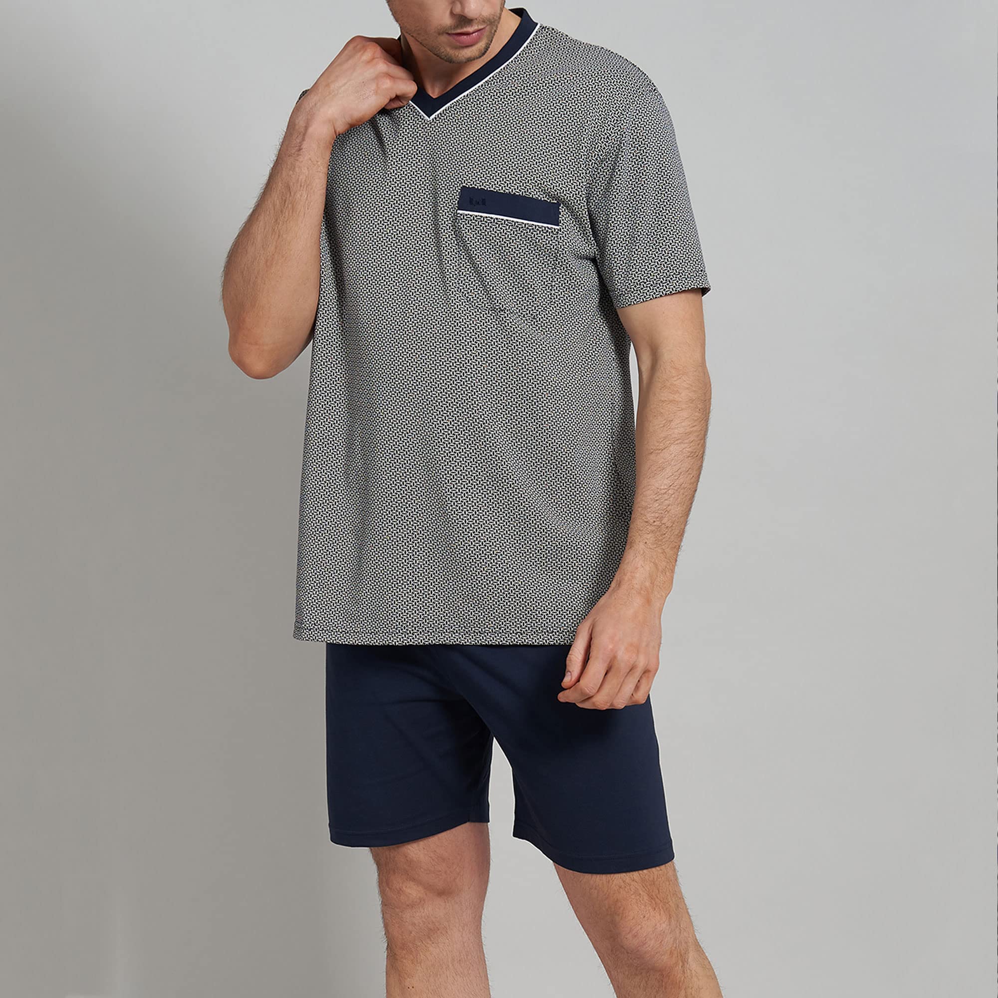 Götzburg Herren Schlafanzug kurz V-Ausschnitt | 1 Stück | 452085 (58, Navy/Blau Gemustert)