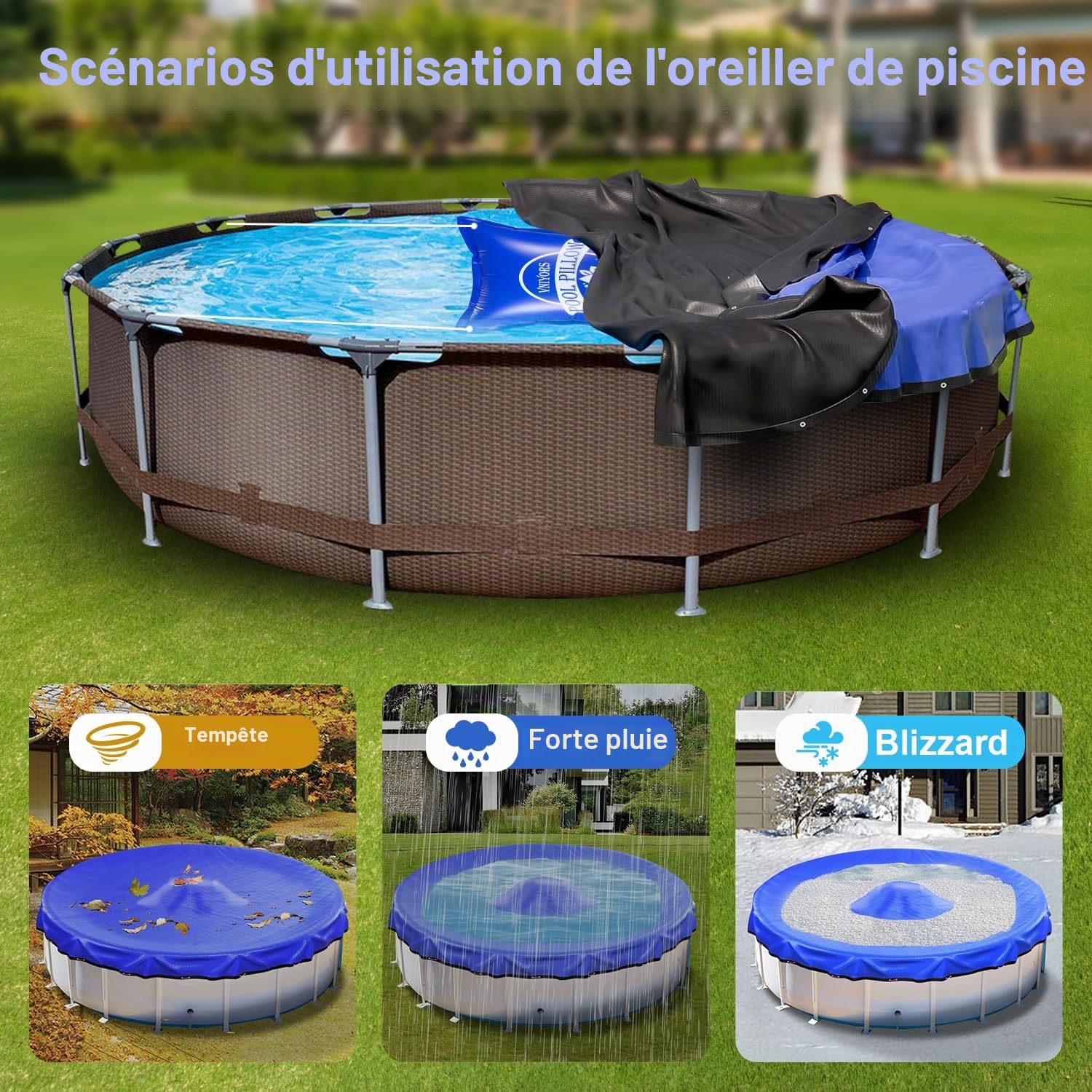Coussin Piscine hivernage, 120×120cm Coussin hivernage Piscine Hors Sol, 0.5mm Extra épais résistant à la déchirure Flotteur hivernage Piscine Corde de 50 Pieds Incluse (rectangulaire)