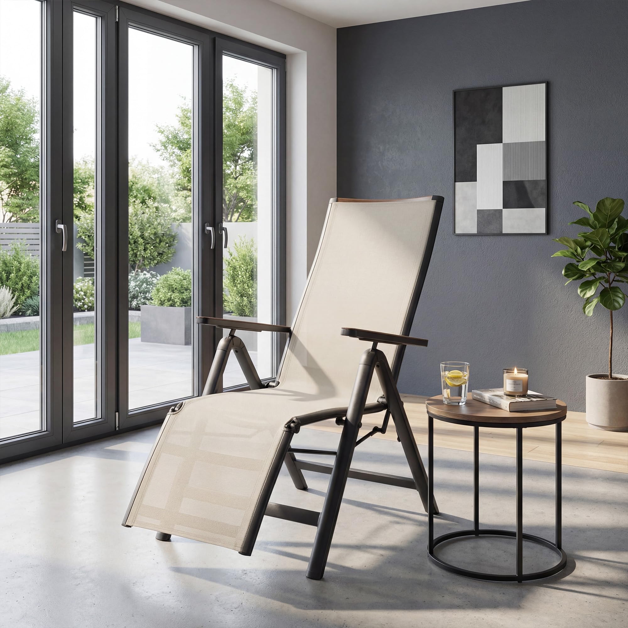 Grand patio Silla Plegable con Reposapiés, Silla Reclinable de Aluminio, Ligera, Respaldo Alto Ajustable de 6 Posiciones, Textil, Tumbona de jardín para Interiores, Exteriores (Beige)