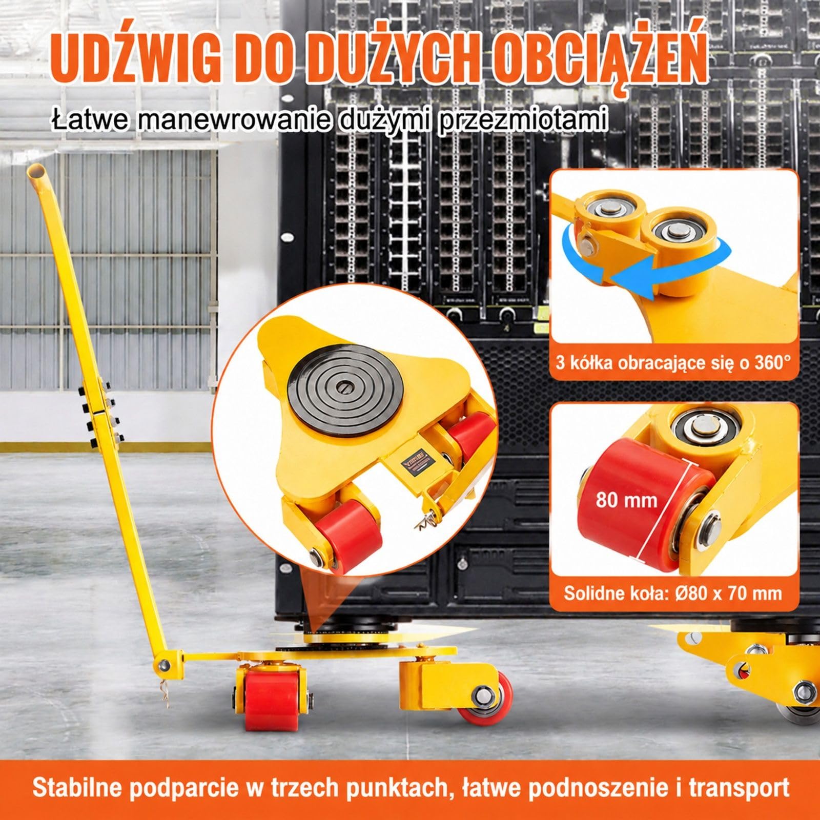 Wozek transportowy z uchwytem, stal weglowa do przenoszenia mebli z 3 skretnymi kolkami PU i plyta obrotowa do magazynu warsztatu fabryki