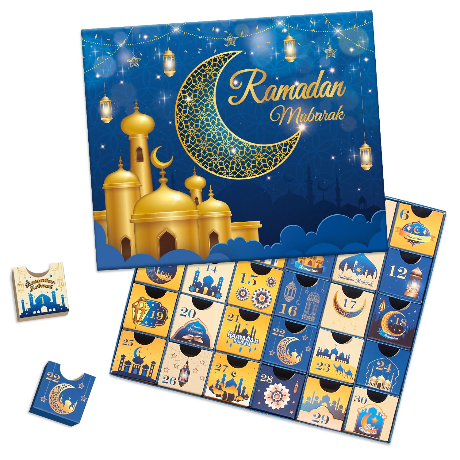Calendario dell'avvento del Ramadan con cassetti, 30 scatole vuote per 30 giorni, calendario Eid Mubarak Coutdown riempibile, scatola regalo per Ramadan, arte islamica, scatola di cartone per riporre