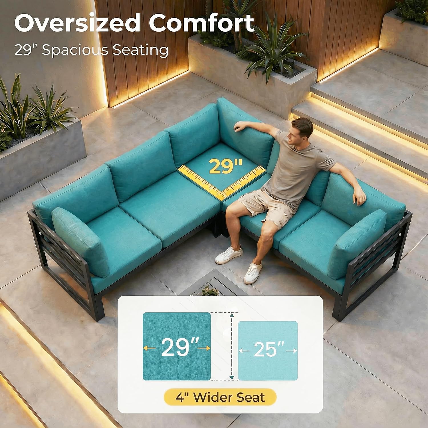 NICESOUL 7 Pcs Large Modern Aluminum Outdoor Patio Furniture Set with Fire Pit Table Propane/Gas, 29" Wide Deep Seat, Fade Resistant Sectional Sofa, 500 lbs Sturdy Backyard Conversation Set, Turquoise