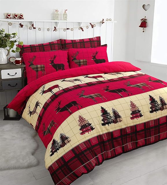Bluemoon Bedding® 100% Brushed Cotton Flannelette Xmas Stag Duvet Cover Set Pillowcase (Red Stag, Double)