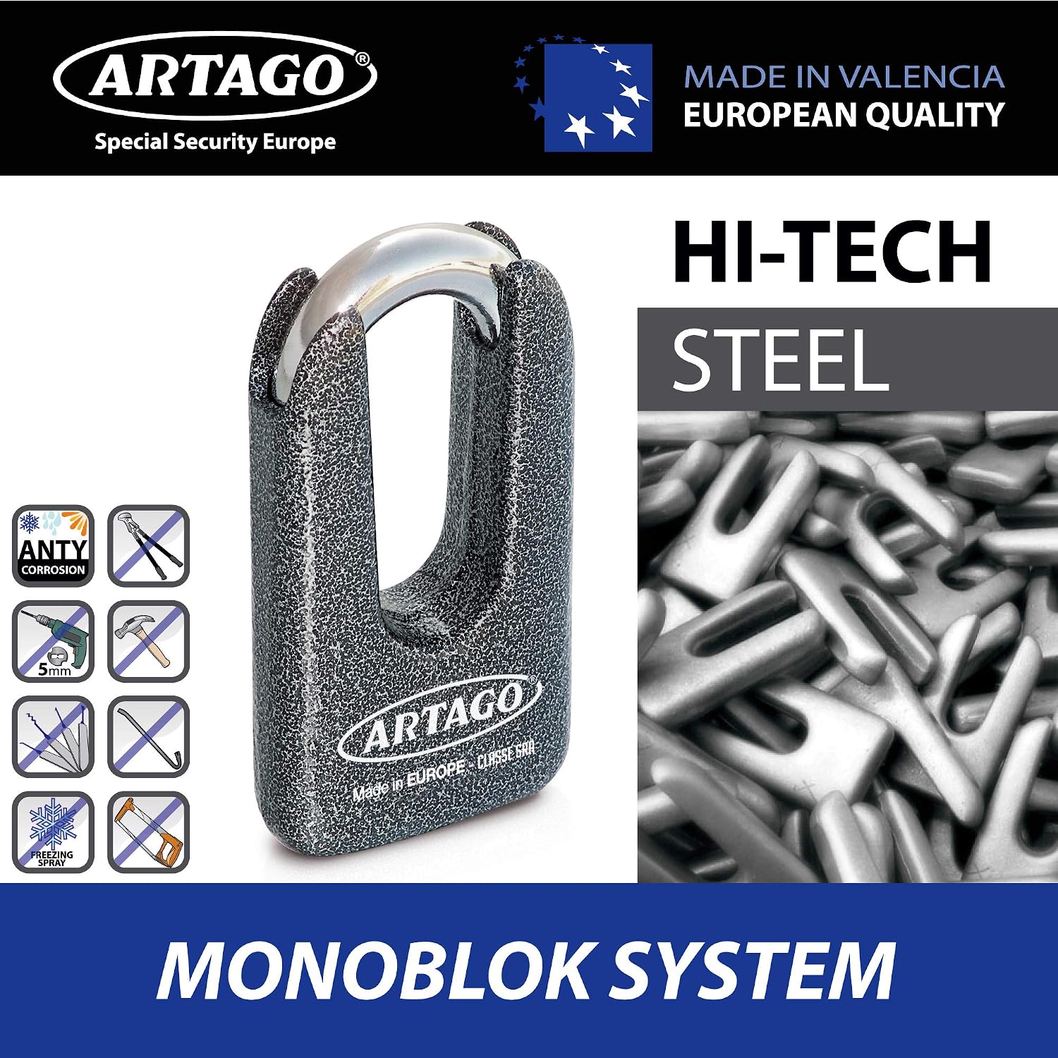 Artago 69T120 Heavy Duty Motorcycle Anti Theft Chain + Mini U, Maximum Tested Security SRA & Sold Secure Gold Approved, ø15mm/0,59in 120cm/3,9ft, Forged Steel MONOBLOK Padlock, Bunker Selection