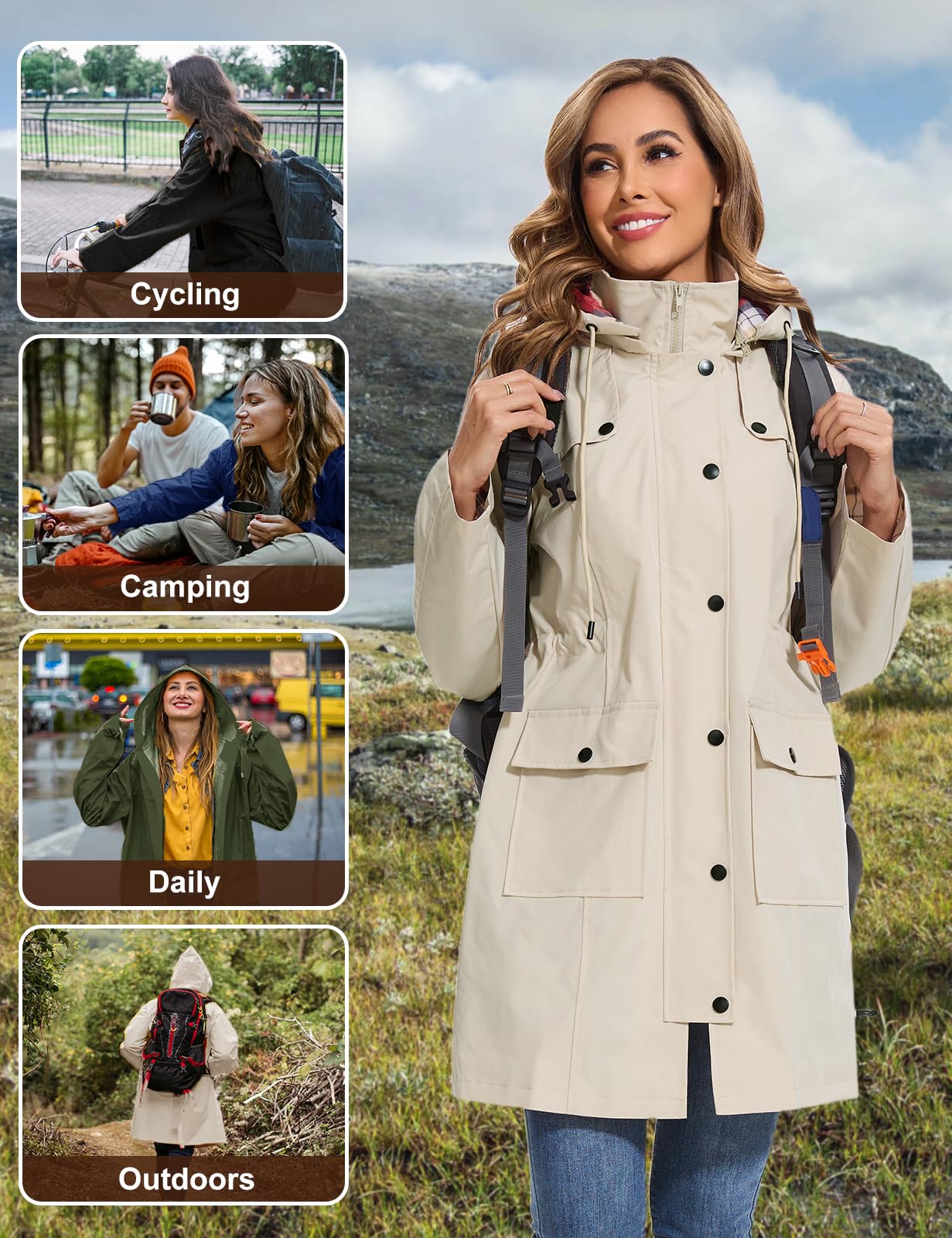 Tuopuda Chubasquero Mujer Impermeable Largo Chaqueta Ligera Parkas Cortaviento con Capucha Cremallera Softshelljakce Primavera Otoño Raincoat Abrigo para Exteriores Cercanías