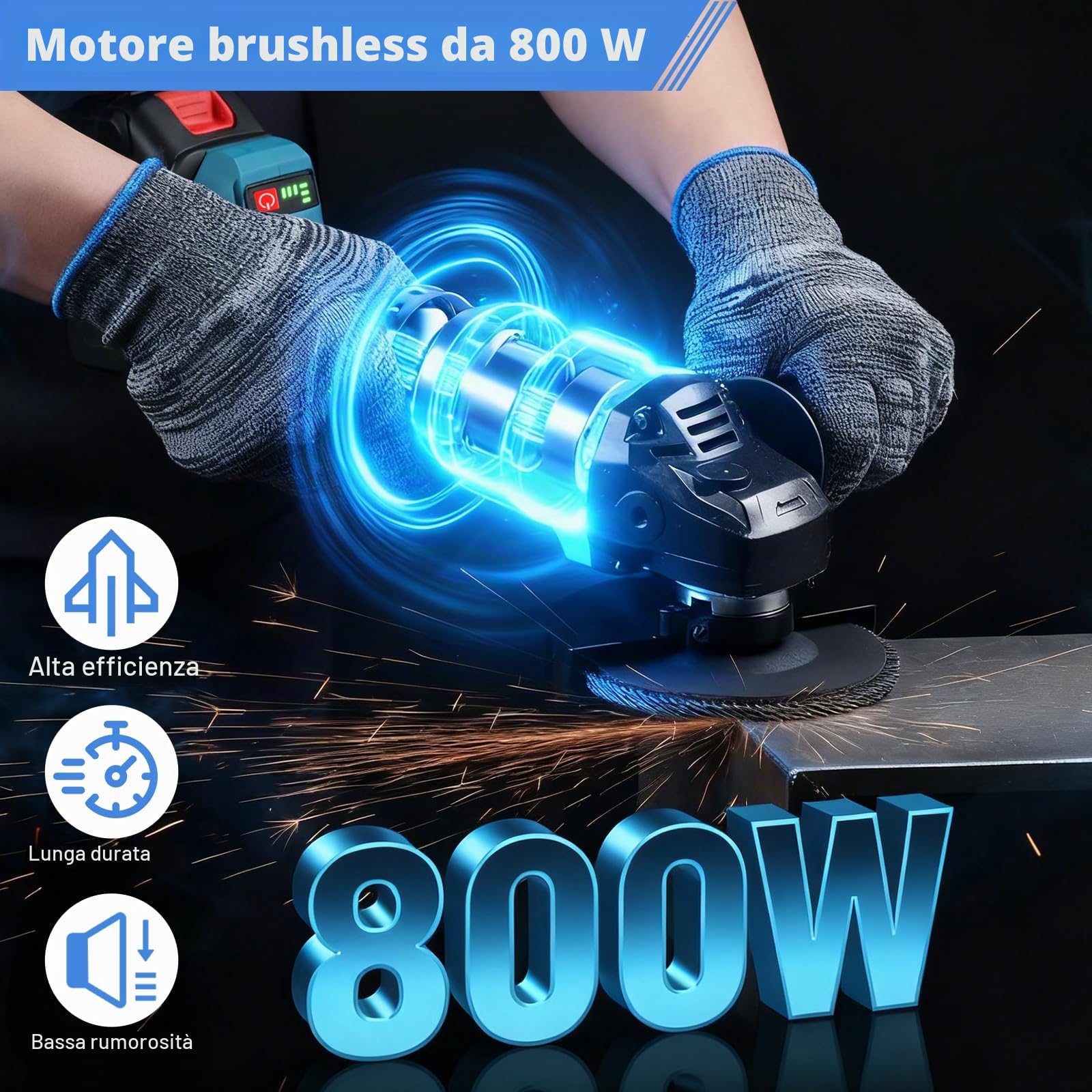 Smerigliatrice angolare a batteria Trsaow con 2 batterie da 4000 mAh, motore brushless da 800 W, 3 velocità e display LCD, 3 dischi abrasivi per metallo, pietra