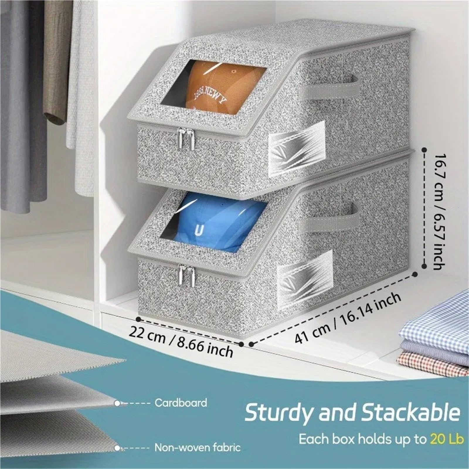 Cajas Almacenaje Tela Caja for guardar sombreros, organizador apilable de gorras de béisbol de gran capacidad y con capacidad for guardar polvo, caja multifuncional for el hogar.(Grey,3PCS)