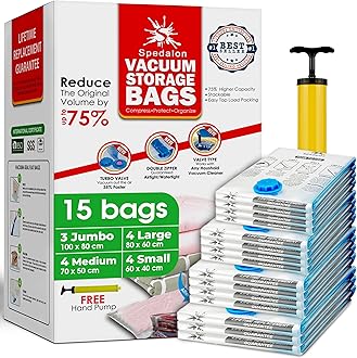 Vacuum Storage Bags - Pack of 15 (3 Jumbo + 4 Large + 4 Medium + 4 Small) ReUsable Space Savers with Free Hand Pump for Travel Packing | Vacuum Bags for Clothes, Duvets, Mattress, Bedding, Sweater