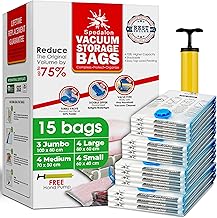 Vacuum Storage Bags - Pack of 15 (3 Jumbo + 4 Large + 4 Medium + 4 Small) ReUsable Space Savers with Free Hand Pump for Travel Packing | Vacuum Bags for Clothes, Duvets, Mattress, Bedding, Sweater