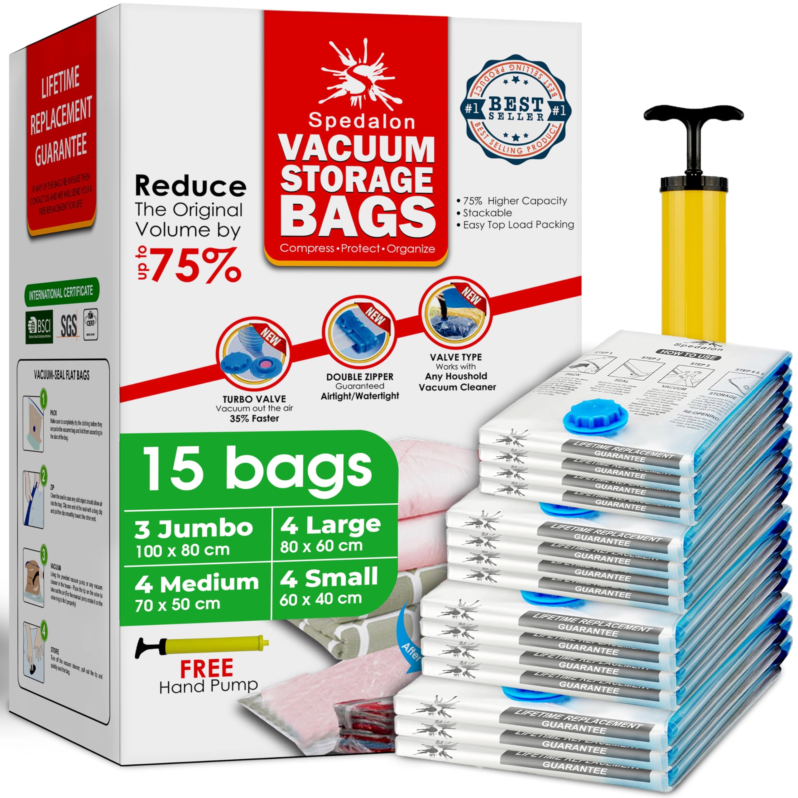 Vacuum Storage Bags - Pack of 15 (3 Jumbo + 4 Large + 4 Medium + 4 Small) ReUsable space savers with free Hand Pump for travel packing. Sealer Bags for Clothes, Duvets, Pillows, Blankets, Curtains J + L + M + S 15 Bags - 3J + 4L + 4M + 4S