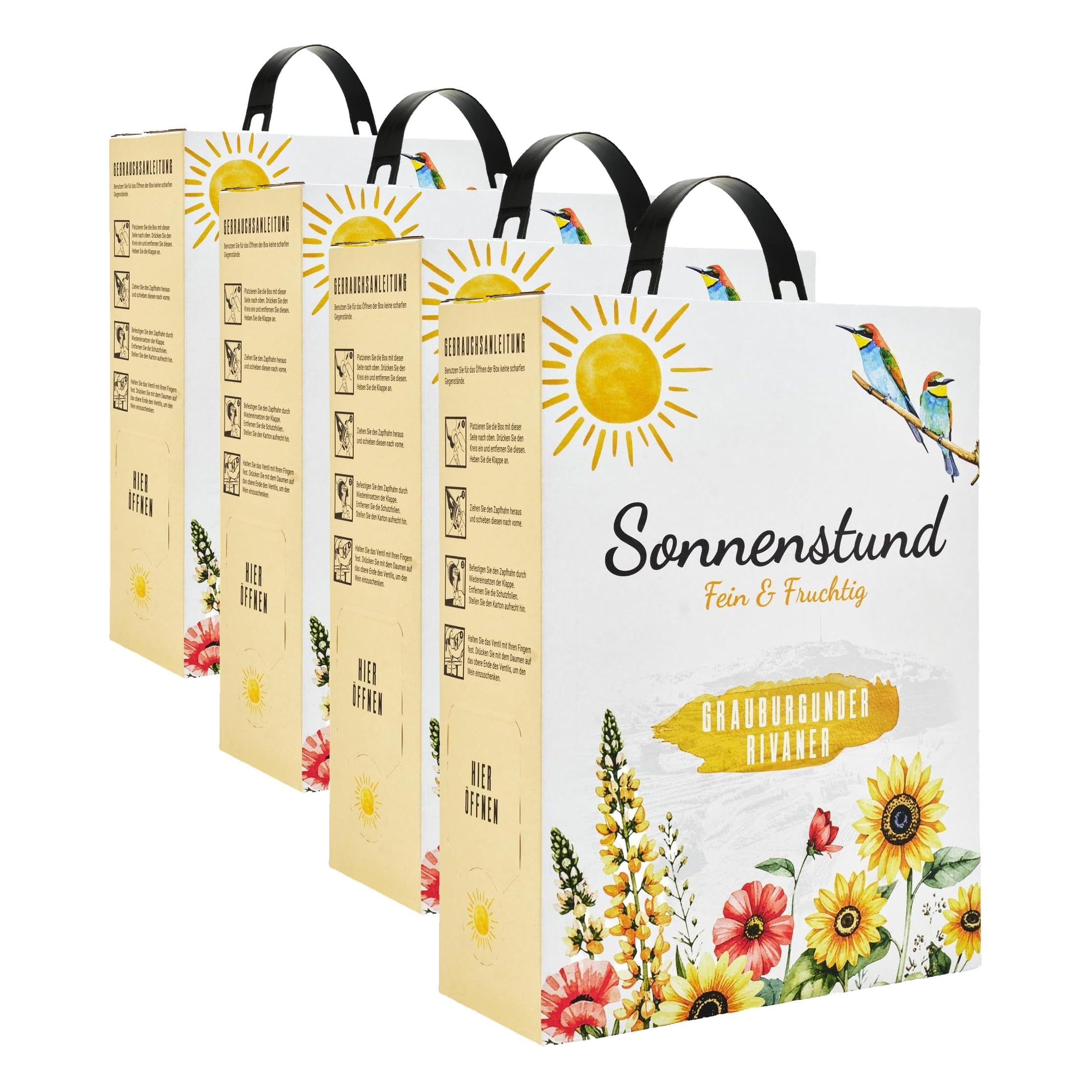 Sonnenstund Grauburgunder & Rivaner 3 Liter Wein-Box, fein & fruchtig mit Aromen von Apfel, Ananas und Litschi, Weißwein QbA vom Kaiserstuhl (1 x 3,0 l Bag-in-Box) (Packung mit 4)