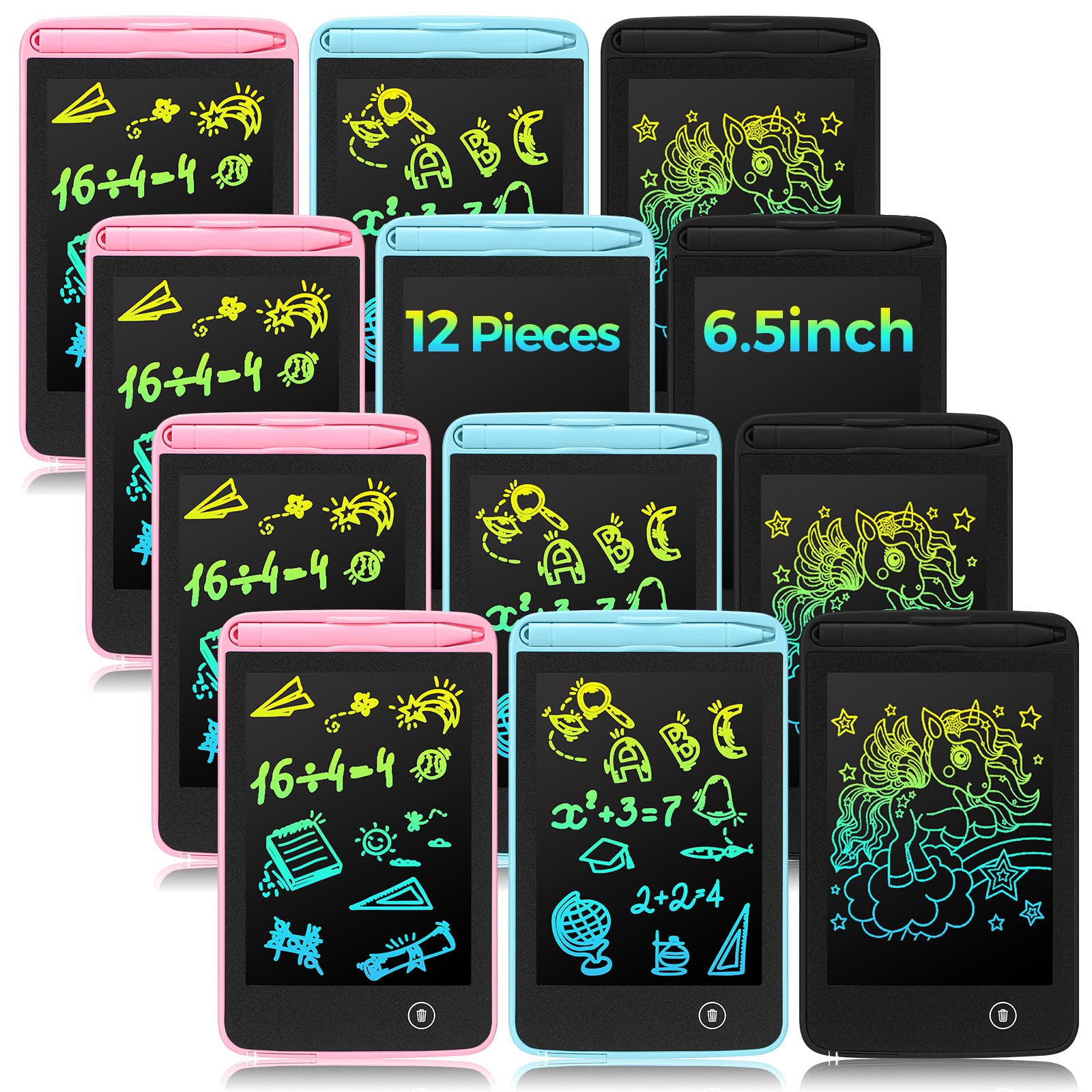 12 Pcs LCD Writing Tablet 6.5 Inch Colorful Drawing Board Doodle Scribbler Board Learning Educational Toys Erasable Electronic Painting Learning Pads Gift for Age 3-8 Years Old Girls Boys Toddlers