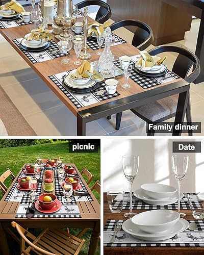 Miniatura 5 de Juego de 4 manteles individuales de mesa de gallo para mesa de comedor, manteles individuales de algodón y lino con bolsillo, lavable de arpillera