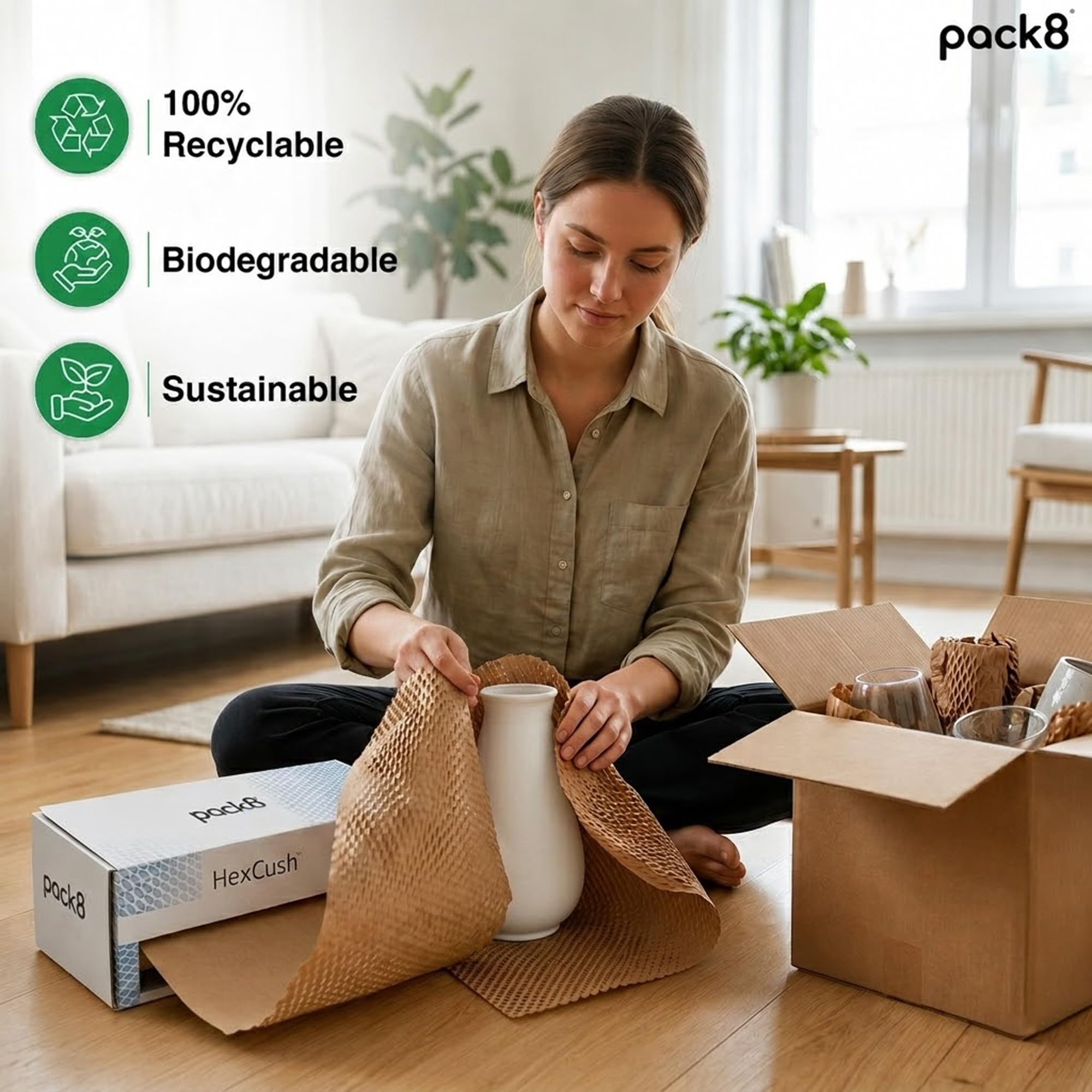 Rotolo di carta a nido d'ape con distributore da 15 pollici x 100 m, imbottitura in pluriball di carta marrone ecologica per oggetti fragili, imballaggio, spedizione, regalo, marrone