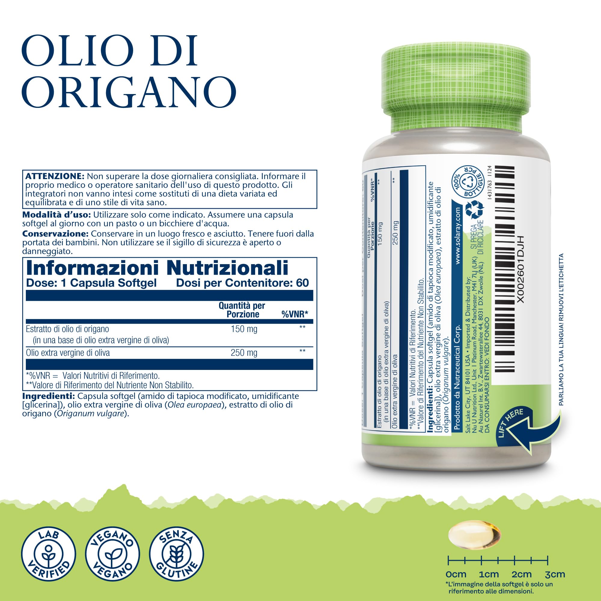 Solaray Olio di Origano 150mg - 60 Capsule Softgel Vegane con Olio Extravergine d’Oliva - Fonte Naturale di Carvacrolo, Omega 3 e 6 - Testato in laboratorio