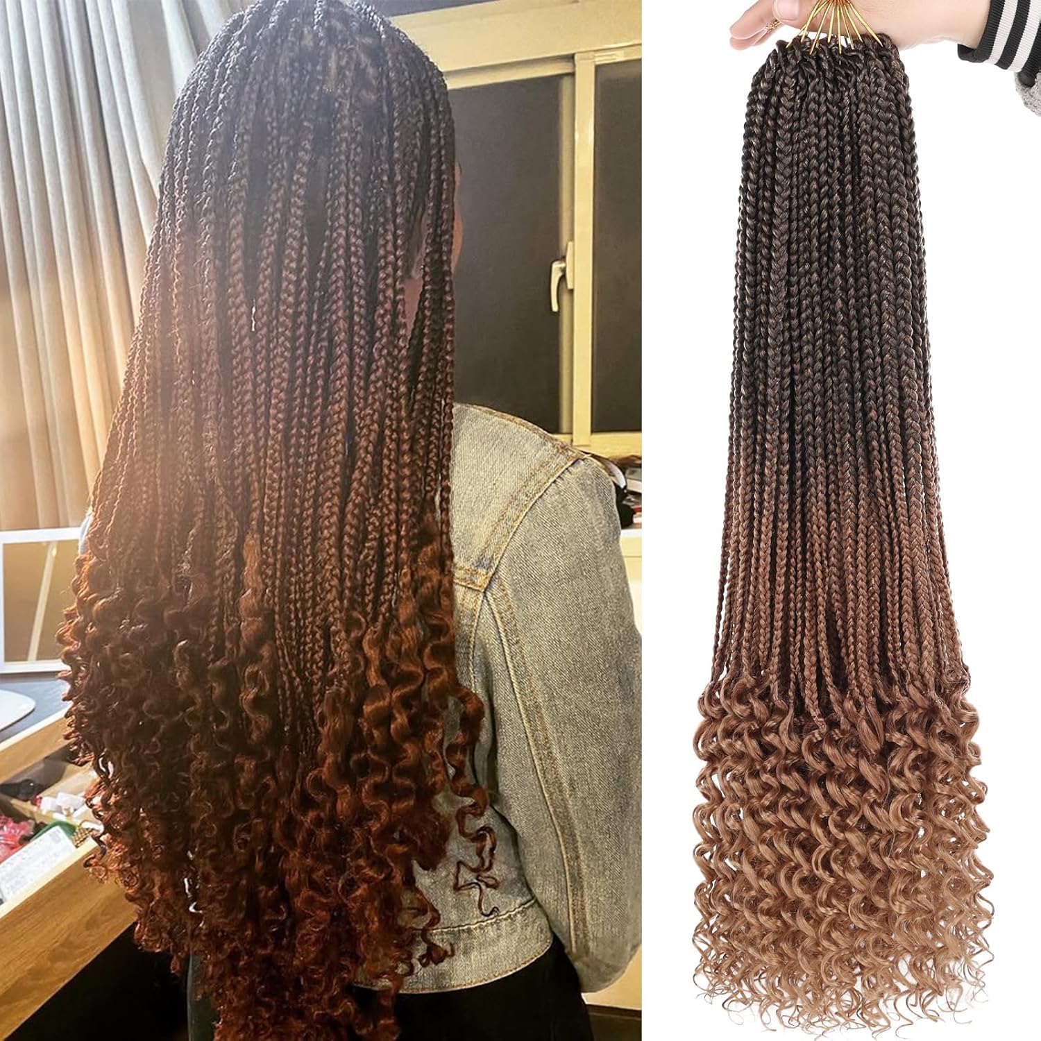 Mscat 24 Inch Goddess Box Braids Crochet Hair with Curly Ends 8 Packs Pre-looped 3X Synthetic Boho Box Braiding Hair for Women (15Strands/pack 1B3027#)