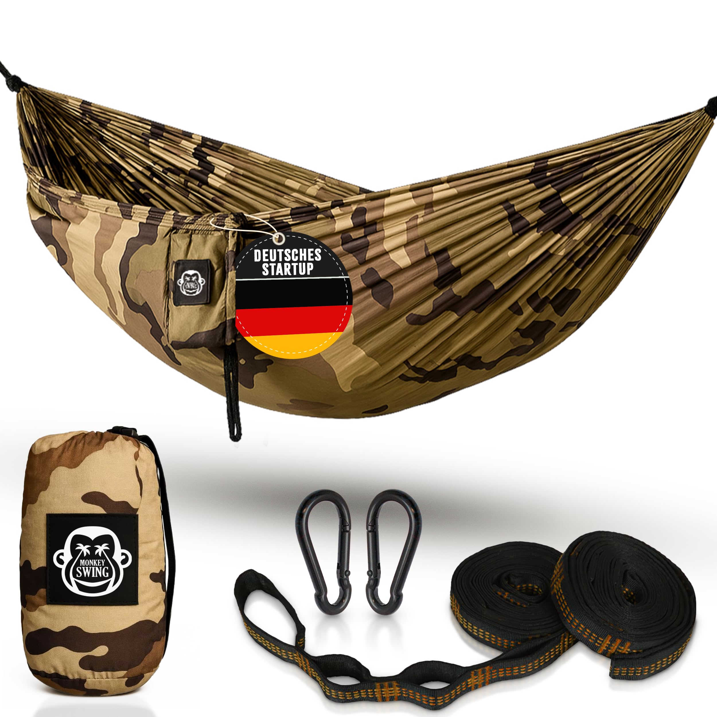 Monkey Swing Hängematte Ultraleicht inkl. Karabiner & Schwerlastgurten (bis 300 kg belastbar, 275 x 140 cm) – ideal für Camping, Outdoor, Trekking & als Reisehängematte (Camouflage) Garten