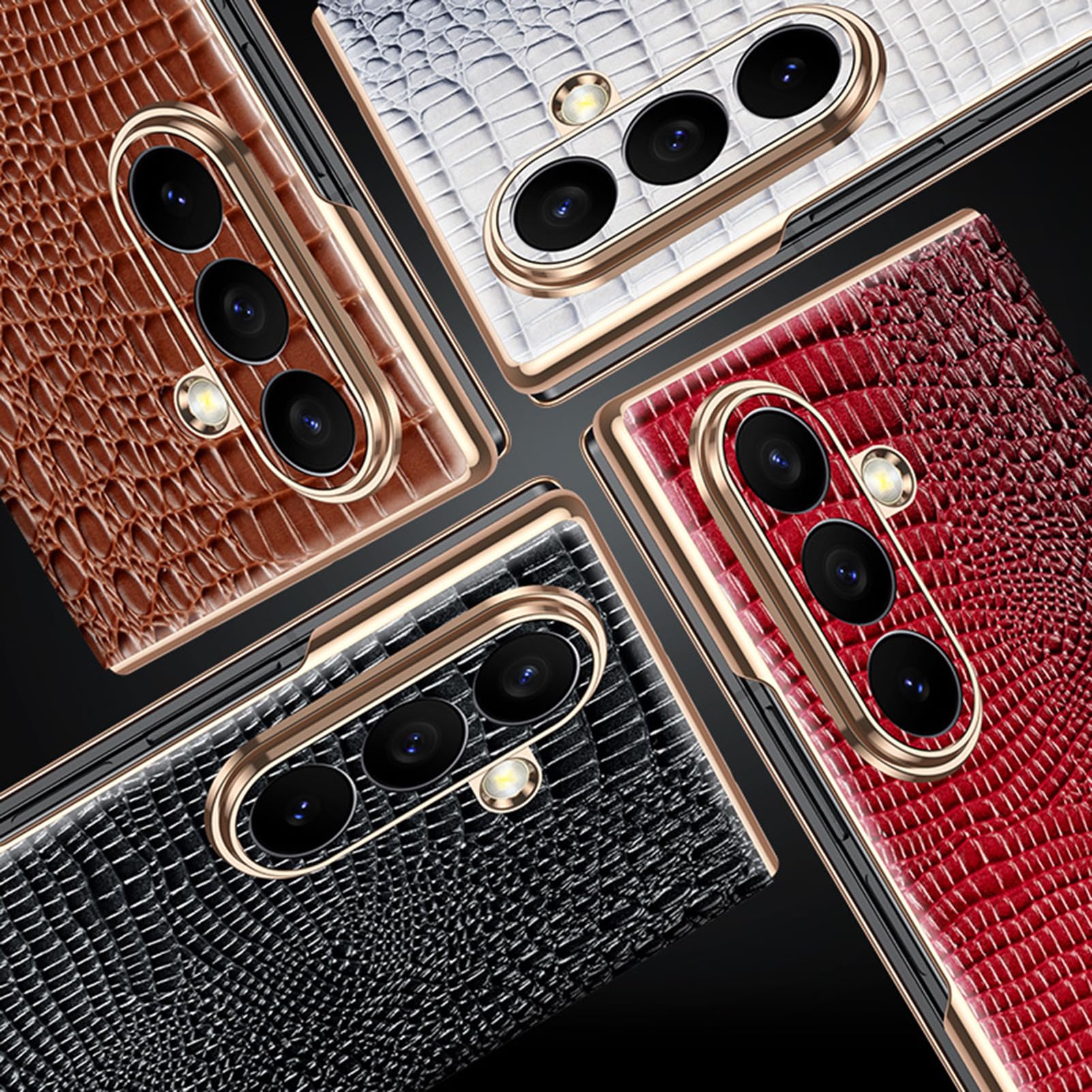 Funda Enchapada For Samsung Galaxy Z Fold 8 Ultra, Cuero Genuino Textura De Cocodrilo Cubierta De Borde Dorado Protección De La Cámara Forro De Fibra con Tapa Carcasa Antirrayas(Black)