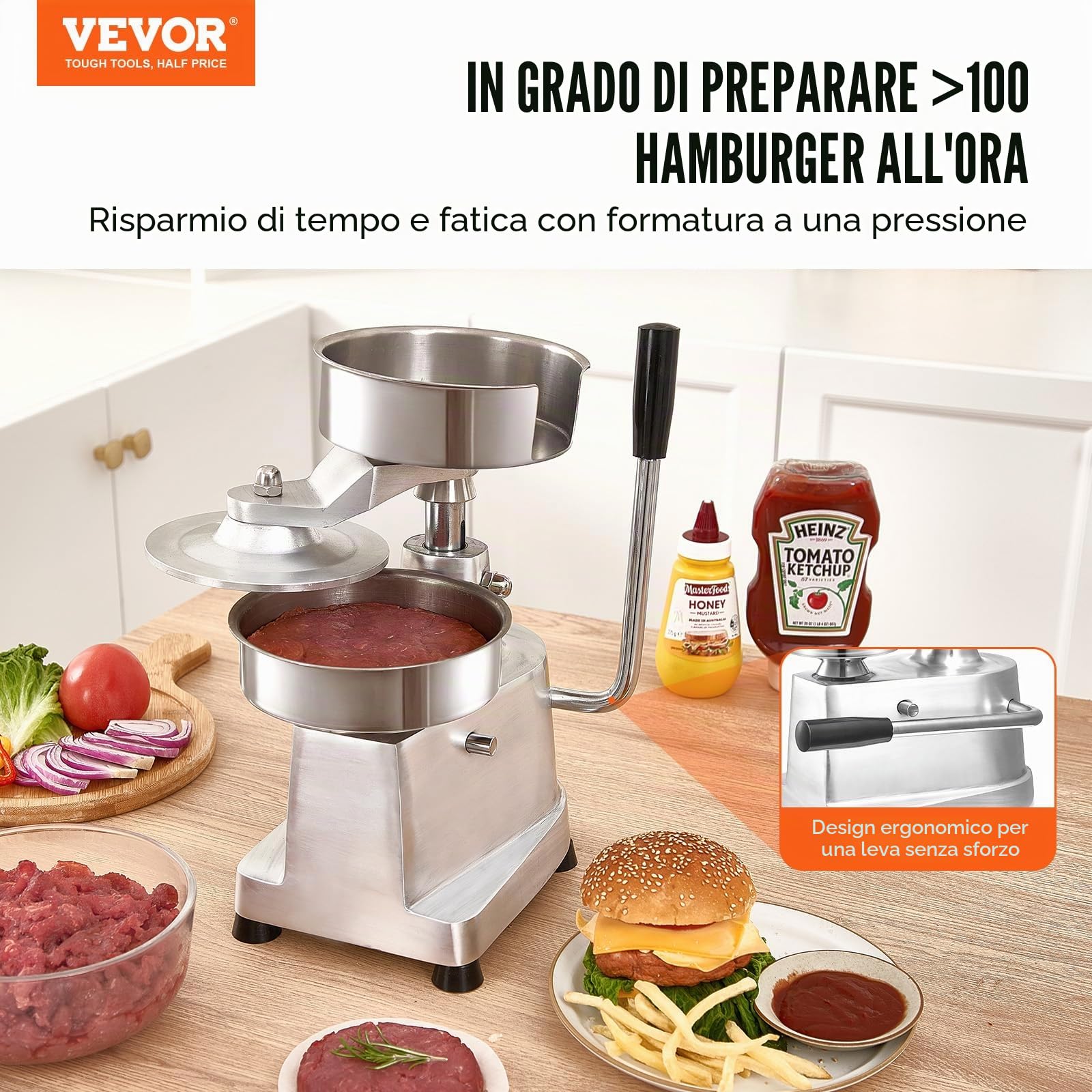 VEVOR Macchina per Hamburger Commerciale, Macchina per Hamburger Pressa Dimensioni 150mm, Pressa per Hamburger in Acciaio Inox per Formatura Carne 1000 Pezzi Carta per Hamburger, Pressa per Hamburger