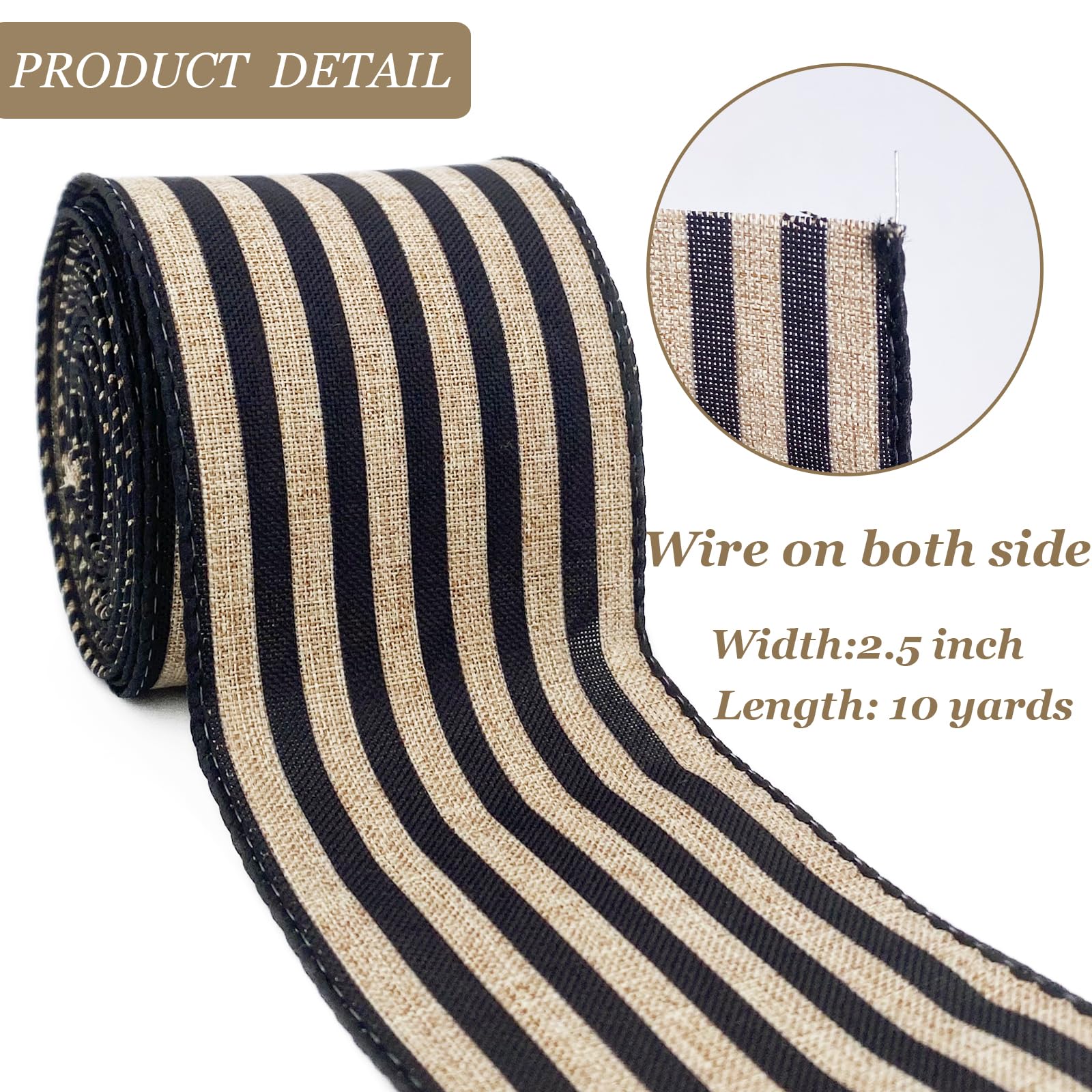 Leecogo Burlap Ribbon Wired,2 1/2”x10 Yard,Black Stripe Rustic Ribbon for Easter, Christmas, Wreath, Spring, Summer, Wedding, Baby Shower, Birthday