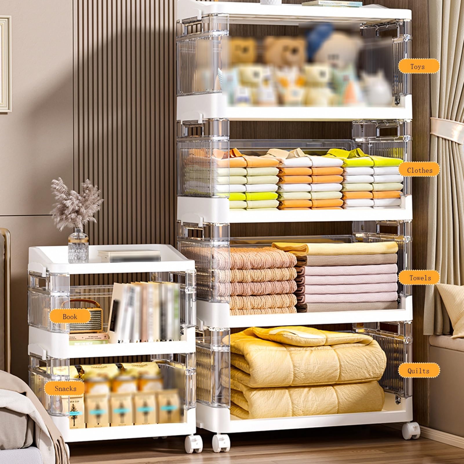 Carrello Mobile In Plastica Con Ruote Portaoggetti Pieghevole E Fisso Per Snack, Giocattoli Portaoggetti E Dispositivo Organizzativo Multifunzionale(White,17.5inx11inx21in)