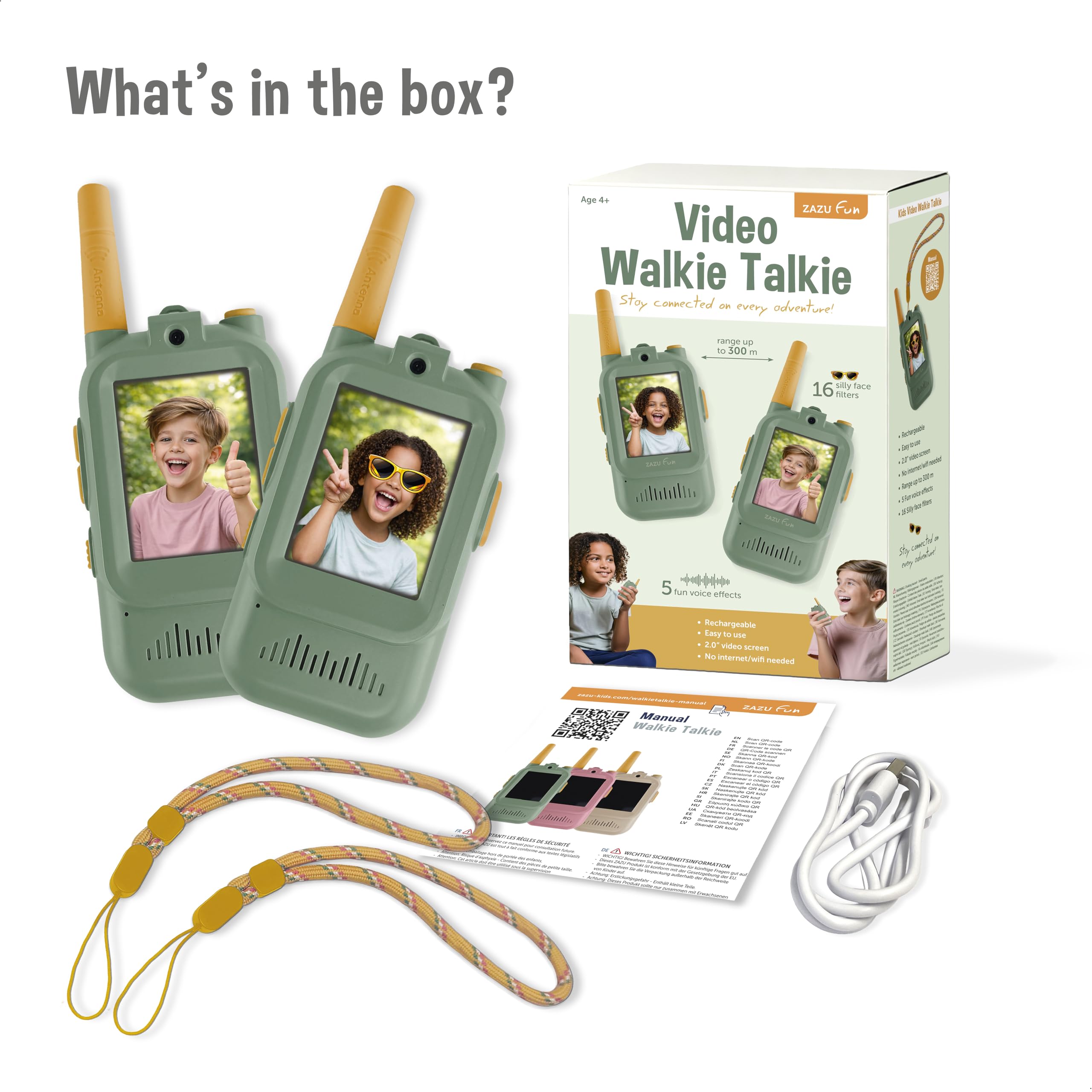 ZAZU Video Walkie Talkie para niños con cámara, juego de 2, alcance de 300 m, pantalla de 2,0 pulgadas, recargable por USB, 5 efectos de voz y 16 filtros, radio con vídeo para interior y exterior