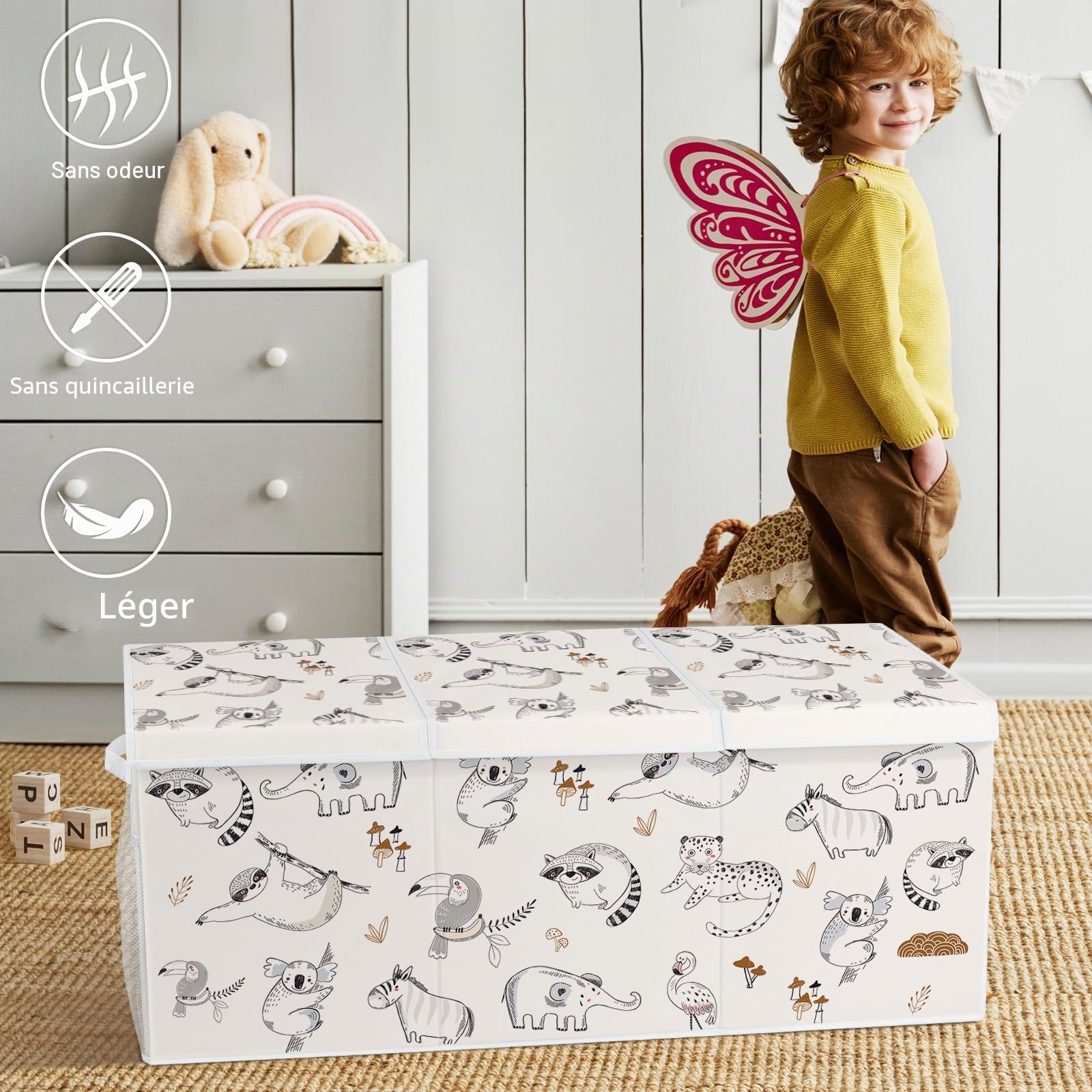 Coffre a Jouet Pliable avec Couvercle, 96 x 32 x 40 cm Rangement Jouet Enfant avec Poignées pour Jouets, Vêtements, Livres, Armoire - Animaux Dessinés au Trait