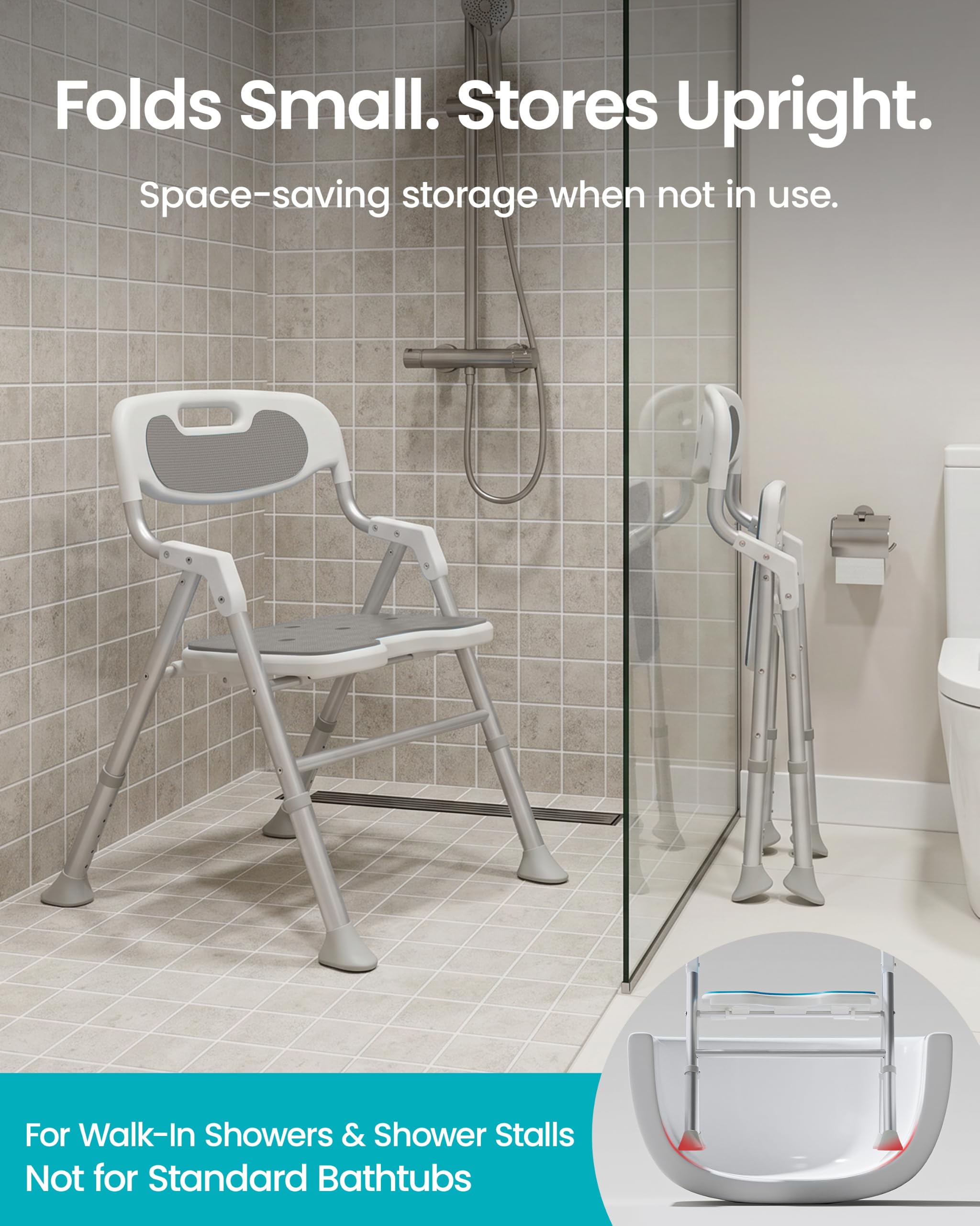 Silla de ducha para ducha interior con brazos y respaldo, asiento de baño plegable para ancianos y discapacitados con altura ajustable, taburete de baño de seguridad resistente de 400 libras