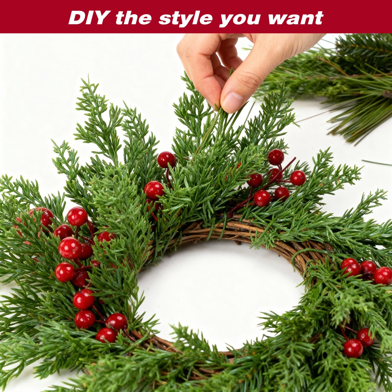 Künstliche Tannenzweige mit roten Stechpalmenbeerenstielen, künstliche immergrüne Tannenblätter, künstliche Blätter, Tannennadeln, Picks für Weihnachten, DIY, Handwerk, Girlande, Heimdekoration