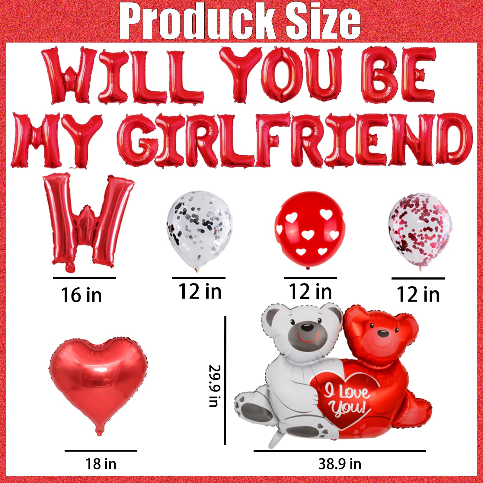 Will You Be My Girlfriend Decorations, Rose Petals, Romantic Red Letter Foil Balloons - Image 3