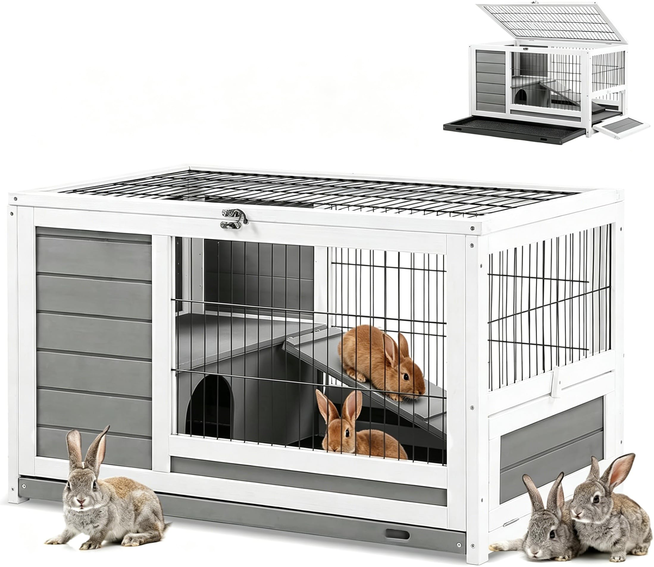 YODOLLA Hasenstall Kaninchenstall Kleintierhaus für Kleintiere, 90 cm Meerschweinchenkäfige mit Auslauf, Kaninchenkäfig für drinnen und draußen