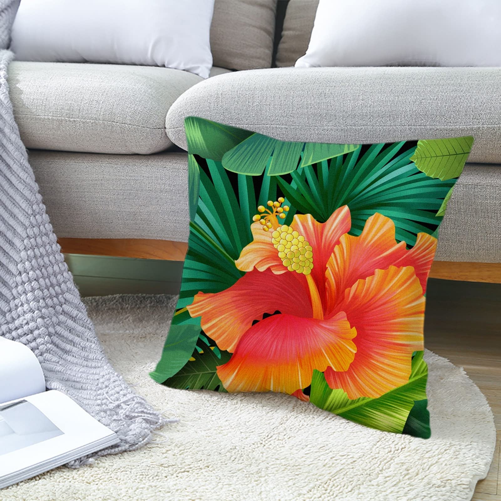 4 fundas de cojín para dormitorio de 50 x 50 cm, fundas de almohada decorativas de lino con patrón de hojas verdes y flores para sala de estar y sofá