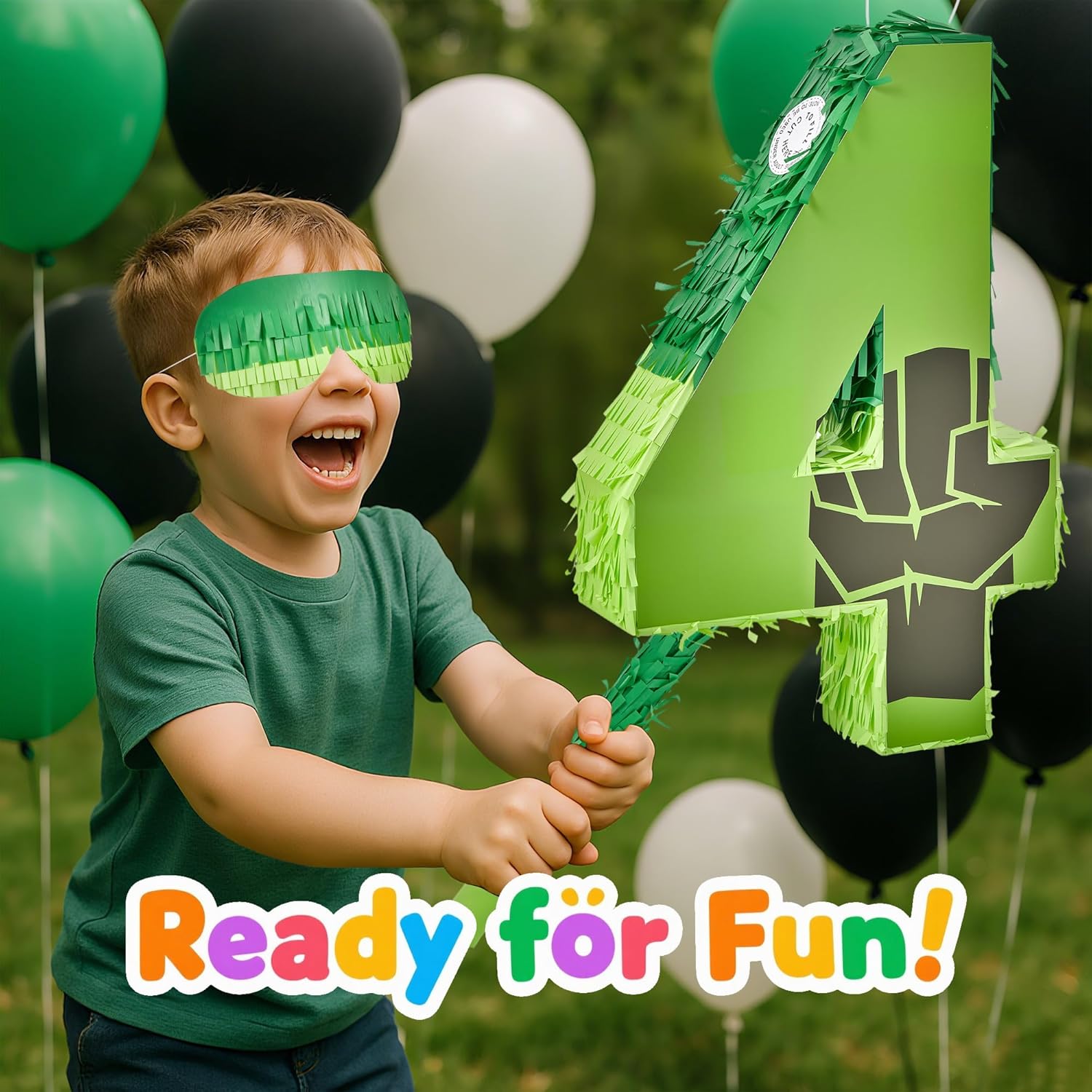 Green Number 4 Birthday Pinata for Kids 16 Inch Superhero Party Pinata with Stick, Blindfold & Confetti, Fun Birthday Game for Boys and Girls (hlk-4th)
