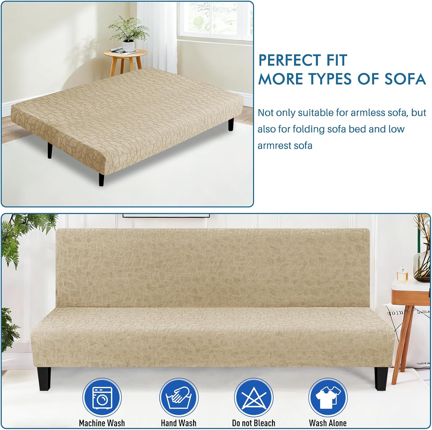 MAXIJIN Waterproof Futon Cover Full Size Washable Armless Sofa Bed Couch Cover Stretch Jacquard Futon Slipcovers Furniture Protector with Non-Slip Elastic Bottom (67"-82", Khaki)