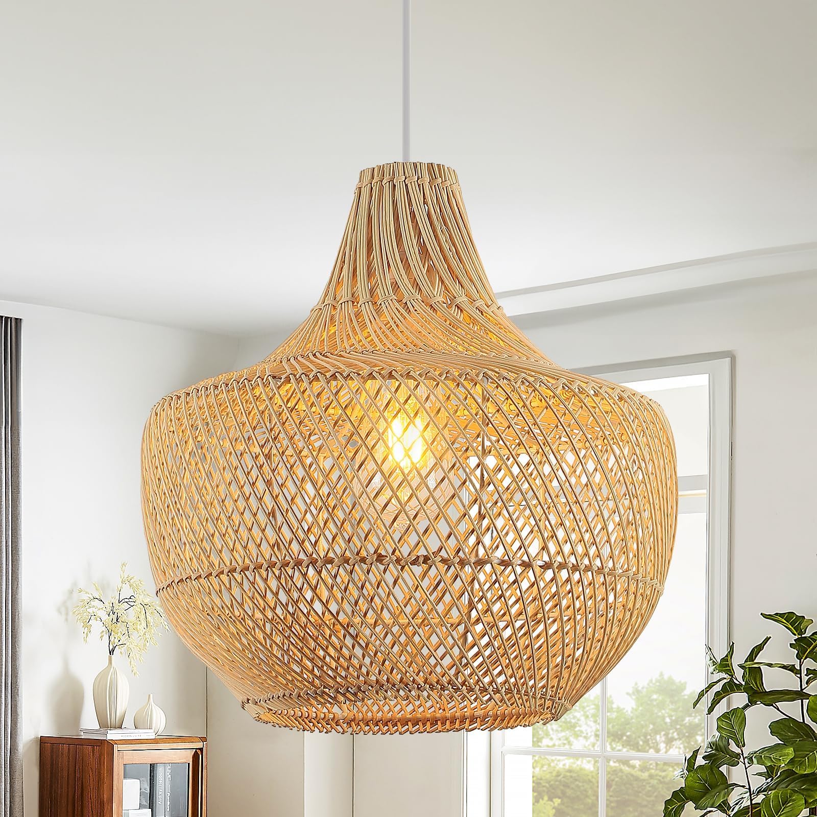 Boho Lustre Salon Rotin,34Cm Tissé à La Main Suspension Luminaire Ferme E27 Luminaires IntéRieur Pour Cuisine Chambre Salon Salle à Manger