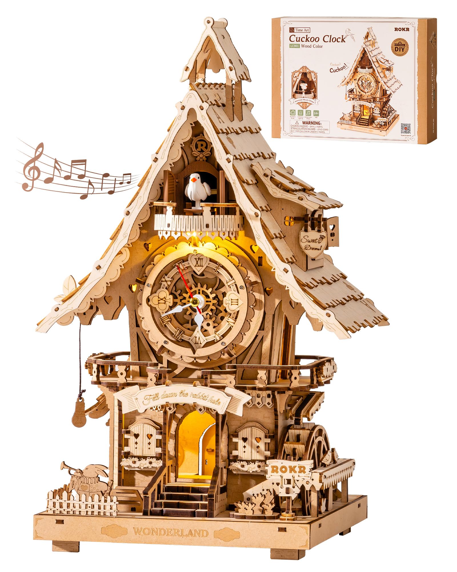 ROKR Puzzle 3D in Legno Orologio a cucù, Modellini da Costruire per Adulti, Puzzle 3D Kit di modellismo Regali Artigianali e Decorazioni, Cuckoo Clock Colore del legno, LC901