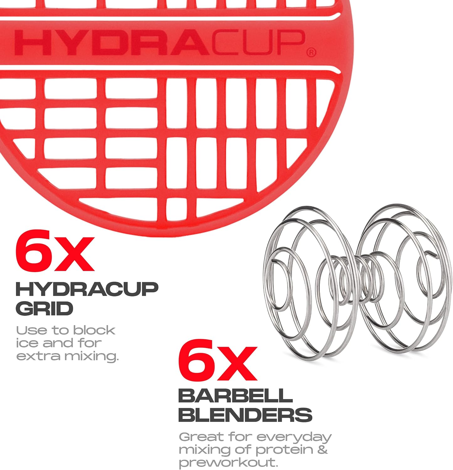 6 Pack, Hydra Cup 28-Ounce Shaker Bottles for Protein Mixes with Wire Whisk & Mixing Grid, BPA Free Shaker Cup Blender Set, Pre Workout, Ball, Powder