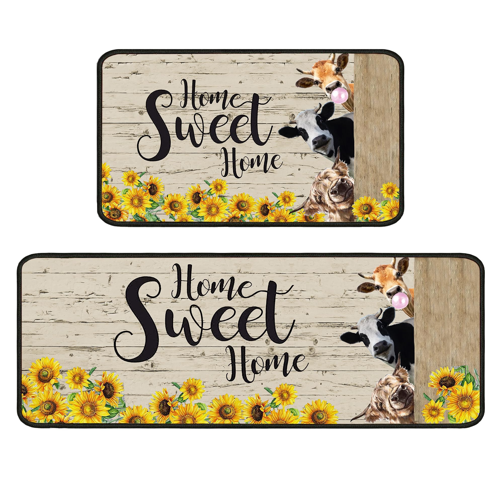 Cow Sunflower Kitchen Rug for Floor 2 Piece Sets, Home Sweet Home Kitchen Rugs, Cow Kitchen Mats in Front of Sink and Sunflower Kitchen Mat for