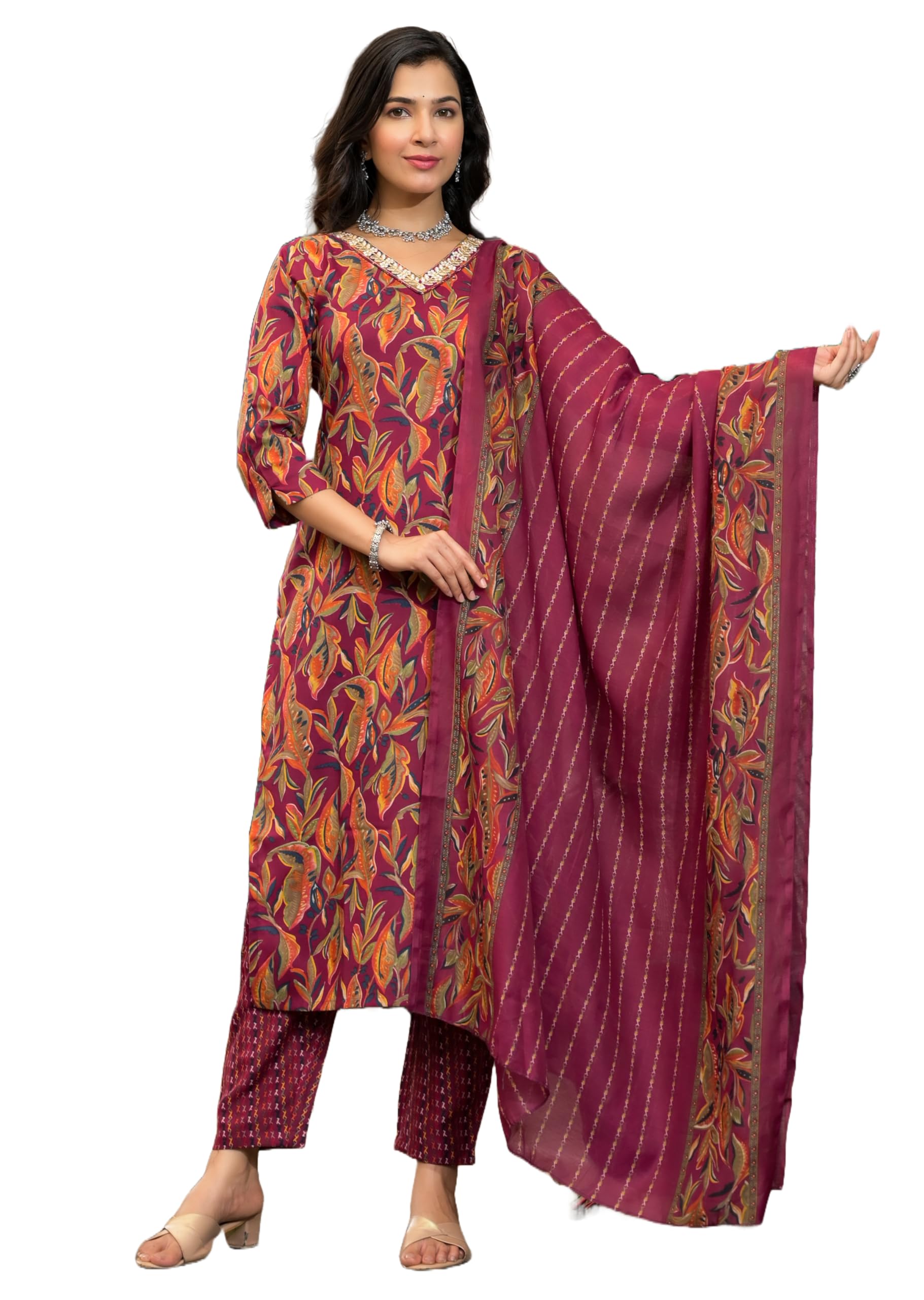 Nermosa Women Printed Kurta And Pant Set With Dupatta (In, Alpha, 2Xl, Red)