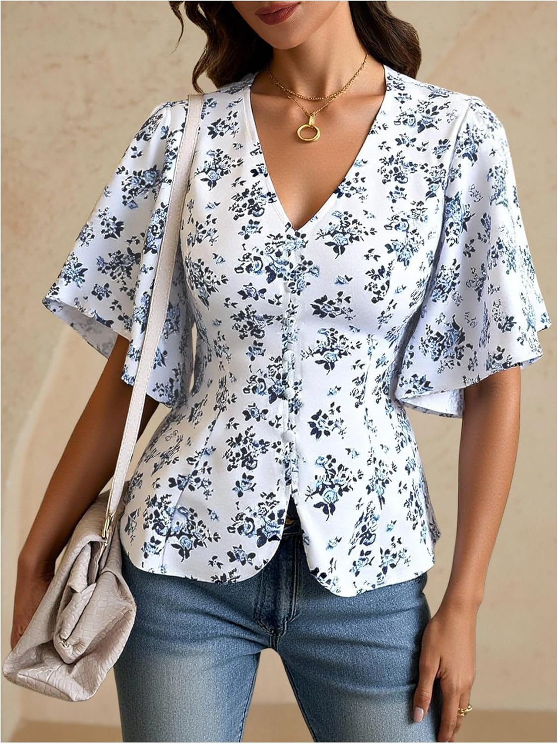 Women's Boho Floral Peplum Tops Elegant V Neck Ruffle Sleeve Dressy Casual Blouses - Image 4