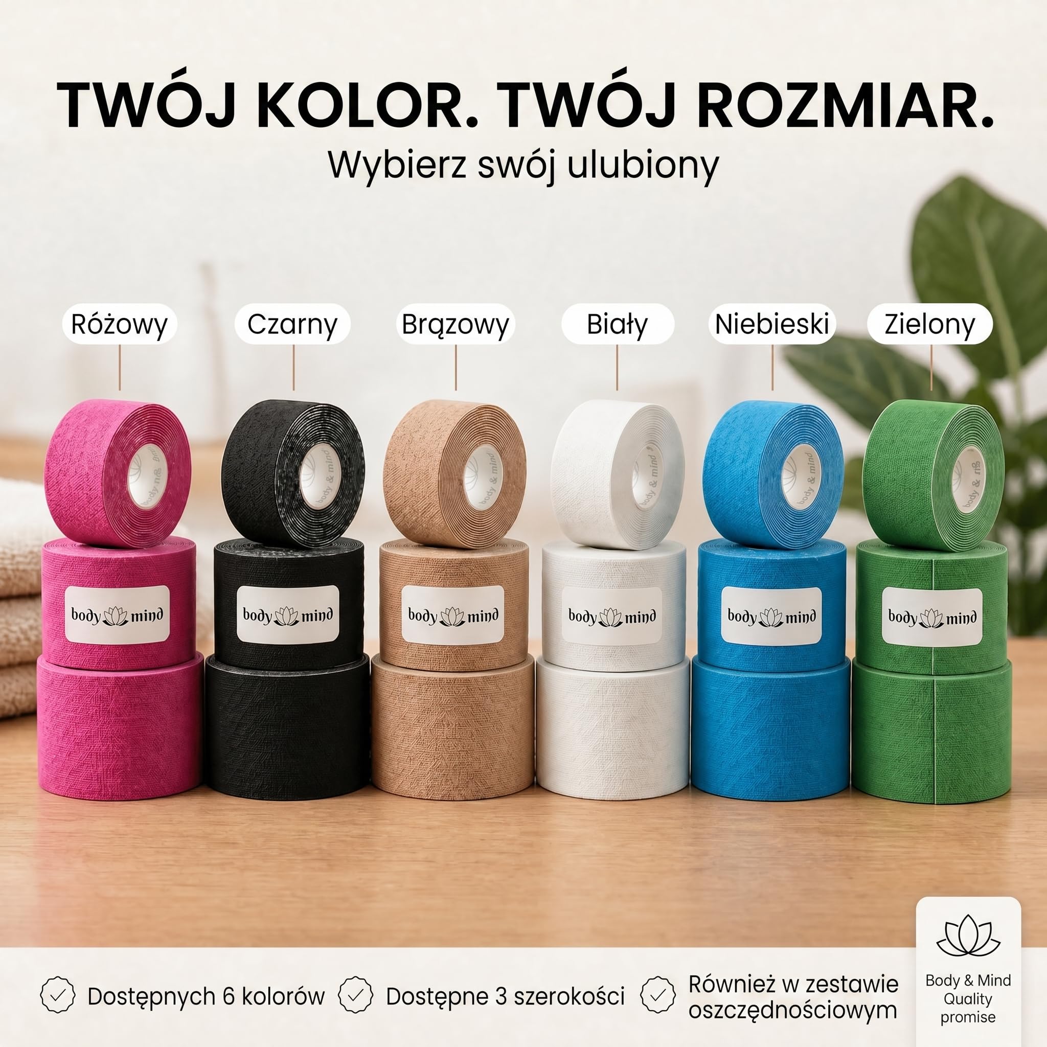 Body & Mind® Taśma Kinezjologiczna 5 m – 2,5/5/10 cm, Hipoalergiczna | Wodoodporna taśma kinesio do kolana, barku i pleców – 6 kolorów, rozciągliwość do 140%
