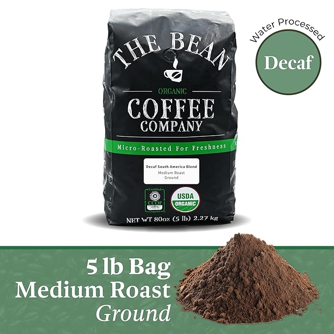 The Bean Organic Coffee Company Water Processed DECAF South America Blend is a medium roast ground coffee made from organic beans sourced from South America. This decaffeinated blend is processed using only water, making it a more natural and environmentally-friendly option compared to traditional decaffeination methods.