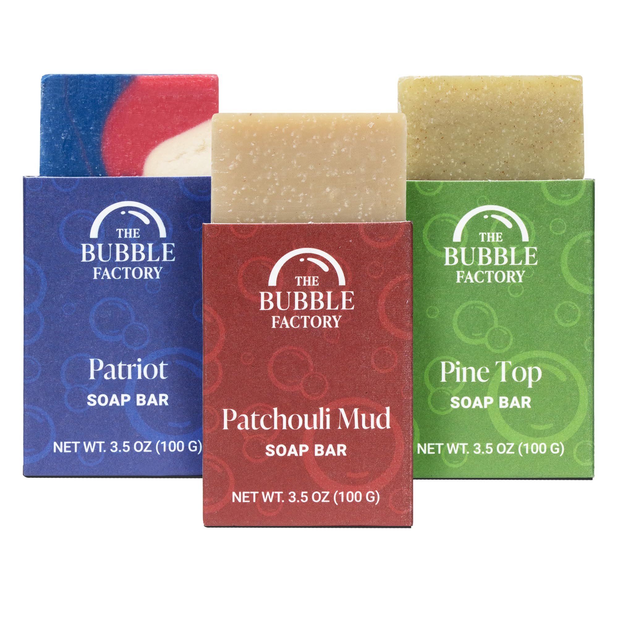 The Bubble Factory Handmade Natural Bath & Body Soap Bar, Vegan, All-Natural, Palm Oil Free, Made in USA with Shea Butter + Essential Oils, Patriot/Patchouli Mud/Pine Top