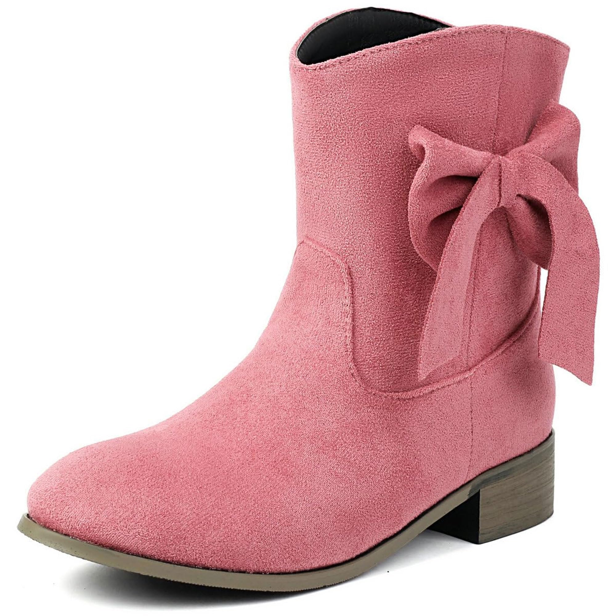 Womens Chunky Heel Suede Ankle Boots With Side Bow Elegant Round Toe Slip On Stacked Block Heel Vintage