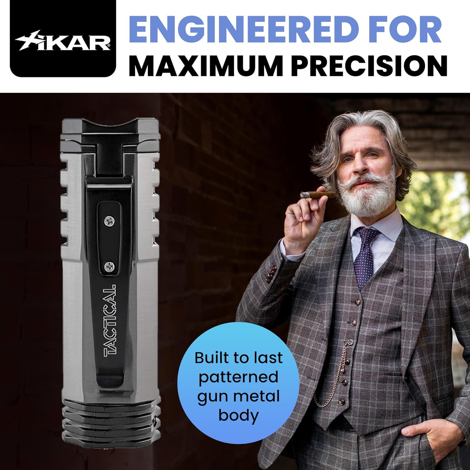 XIKAR Tactical Single-Jet Lighter, Gunmetal and Black - Powerful Flame, Rugged Design with Rest Feature, Pocket Clip, EZ-View Fuel Window, and Adjustable Flame Height - Ideal for Outdoor Use