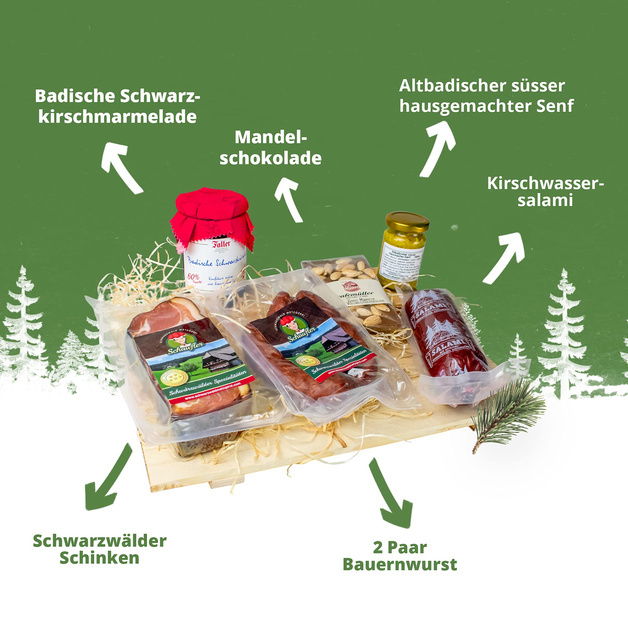 Schwarzwald Metzgerei "MARIE" Präsentkorb - Süss, salzig, würzig - Zusammenstellung mit Würsten, Marmelade, Senf, Schokolade, Schinken und Salami - 6 teilig