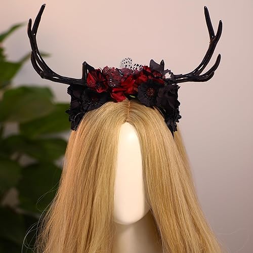 Miniatura 2 de MOSTORY Diadema hecha a mano con cuernos negros  tocado gótico de renos con flores y cuernos oscuros con mariposa para brujas góticas, bodas,