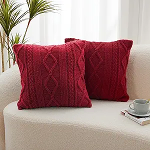 Throw Pillow Covers Set of 2-12x20 Inch Handknit Decorative Throw Pillow Covers,Wool Woven Cushion Covers,Chunky Yarns Couch Pillow Covers for Sofa Living Room Home Decor,Red