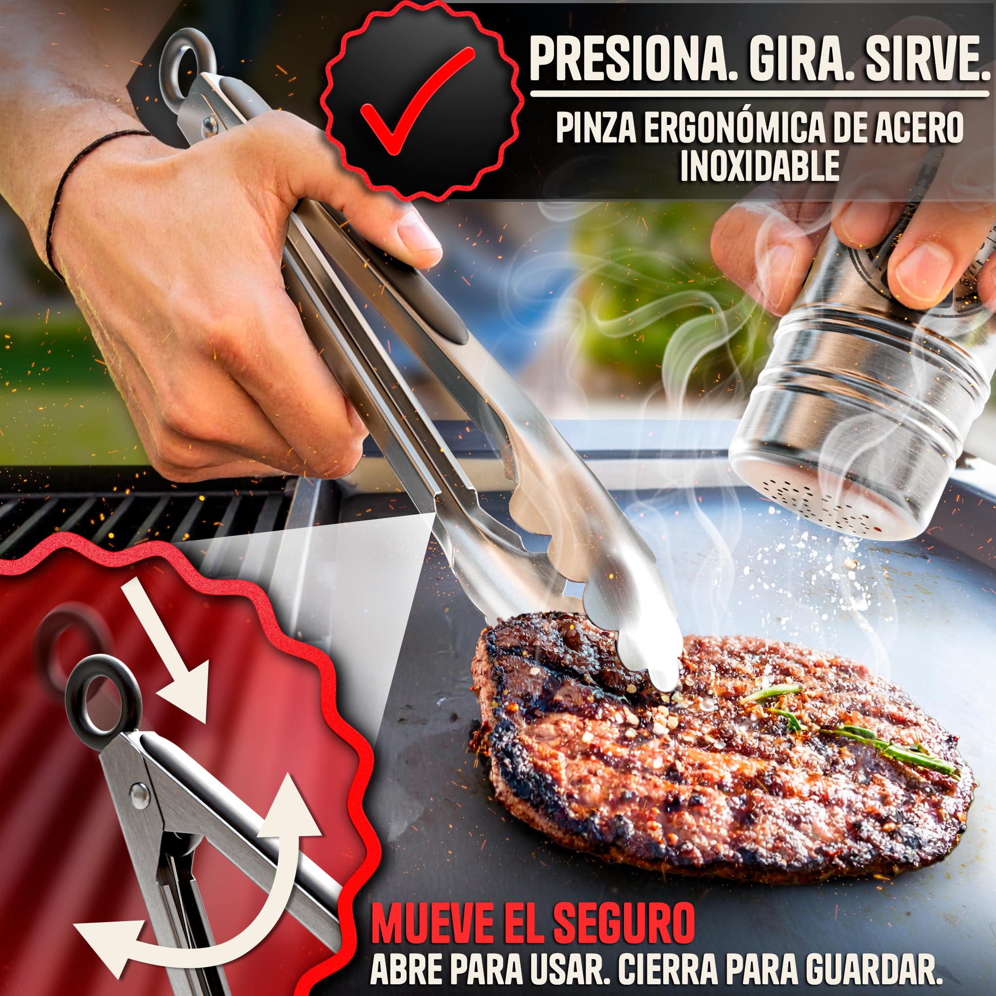 SMASHI Kit Smash Burger Acciaio Inox 304 - Smasher, 2 spatole Smash, 2 coperchi Smash, pressa hamburger, portaspezie e pinzette | Set professionale per cucina, BBQ e ristorante